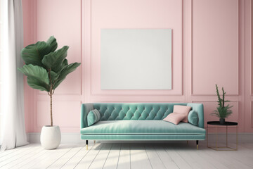 Domestic room in pastel colors with modern sofa, wall art mockup, and plant decoration Ai generative.