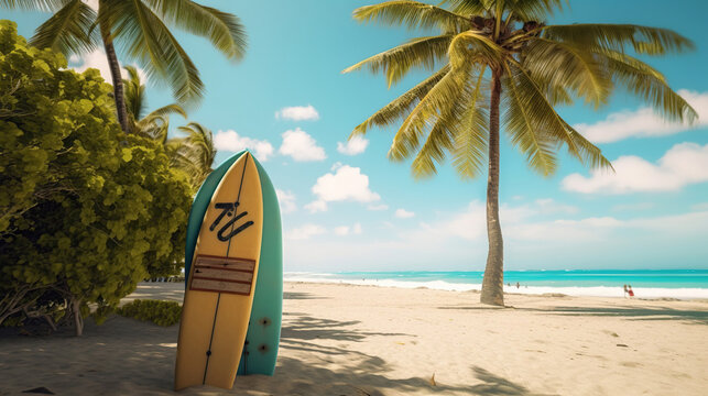 Surfboard and palm tree on beach with beach sign for surfing area. Travel adventure and water sport. relaxation and summer vacation concept. Generative Ai