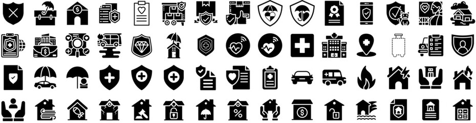 Set Of Insurance Icons Isolated Silhouette Solid Icon With Protect, Service, Health, Finance, Business, Family, Safety Infographic Simple Vector Illustration Logo