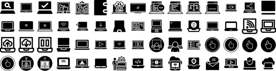 Set Of Laptop Icons Isolated Silhouette Solid Icon With Design, Screen, Laptop, Computer, Notebook, Isolated, Technology Infographic Simple Vector Illustration Logo