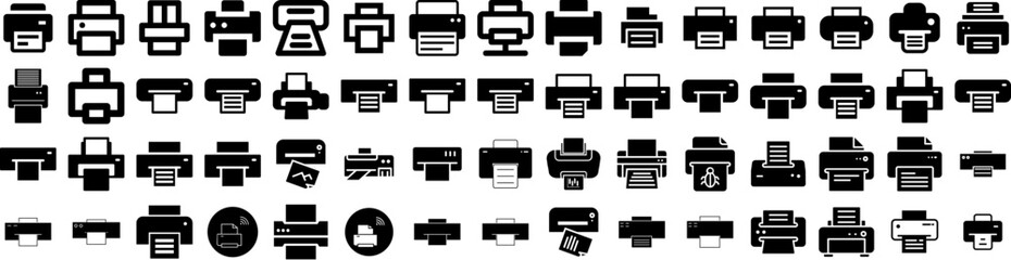 Set Of Printer Icons Isolated Silhouette Solid Icon With Technology, Document, Print, Office, Paper, Machine, Printer Infographic Simple Vector Illustration Logo