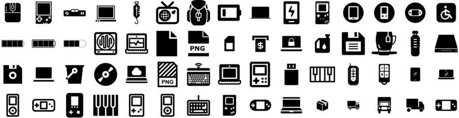 Set Of Portable Icons Isolated Silhouette Solid Icon With Electricity, Portable, Modern, Background, Electric, Technology, Mobile Infographic Simple Vector Illustration Logo