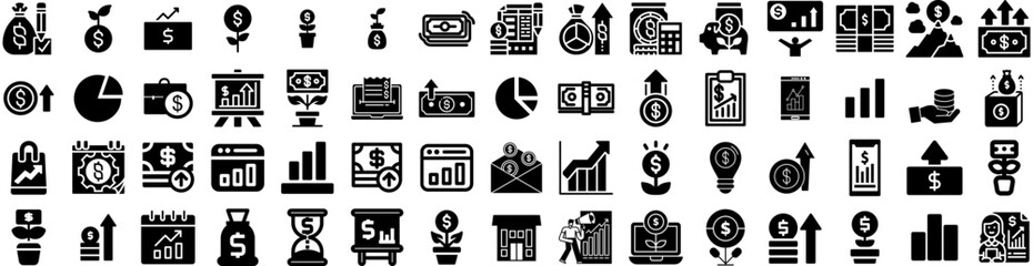 Set Of Profit Icons Isolated Silhouette Solid Icon With Profit, Money, Growth, Finance, Business, Increase, Financial Infographic Simple Vector Illustration Logo