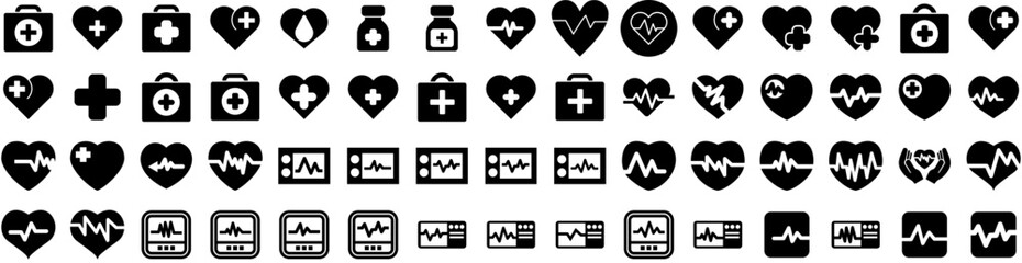 Set Of Pulse Icons Isolated Silhouette Solid Icon With Graphic, Pulse, Illustration, Wave, Background, Beat, Healthy Infographic Simple Vector Illustration Logo