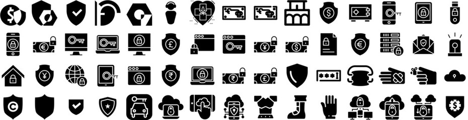 Set Of Protection Icons Isolated Silhouette Solid Icon With Concept, Technology, Protection, Shield, Protect, Safety, Secure Infographic Simple Vector Illustration Logo