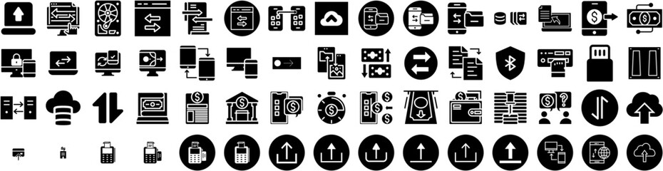 Set Of Transfer Icons Isolated Silhouette Solid Icon With Mobile, Business, Technology, Transfer, Finance, Digital, Money Infographic Simple Vector Illustration Logo