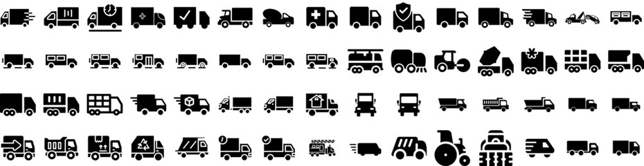 Set Of Truck Icons Isolated Silhouette Solid Icon With Shipping, Delivery, Truck, Transport, Transportation, Freight, Cargo Infographic Simple Vector Illustration Logo