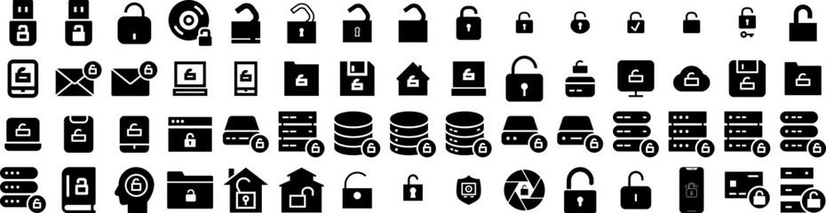 Set Of Unlocked Icons Isolated Silhouette Solid Icon With Key, Safe, Open, Vector, Unlock, Password, Lock Infographic Simple Vector Illustration Logo