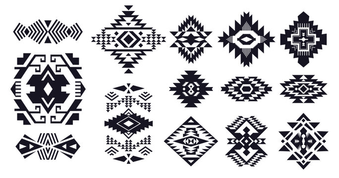 Set of Aztec decorative elements. Tribal design patterns. Ethnic geometric symbols. Boho style.