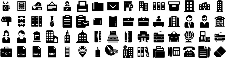 Set Of Office Icons Isolated Silhouette Solid Icon With Desk, Business, Computer, Work, Modern, Office, Table Infographic Simple Vector Illustration Logo