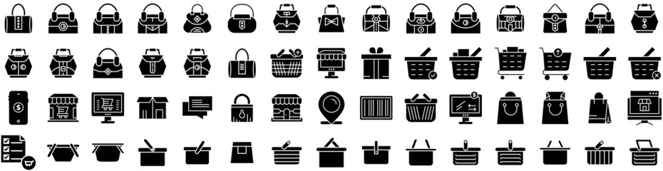Set Of Shopping Icons Isolated Silhouette Solid Icon With Banner, Discount, Buy, Store, Shop, Business, Sale Infographic Simple Vector Illustration Logo