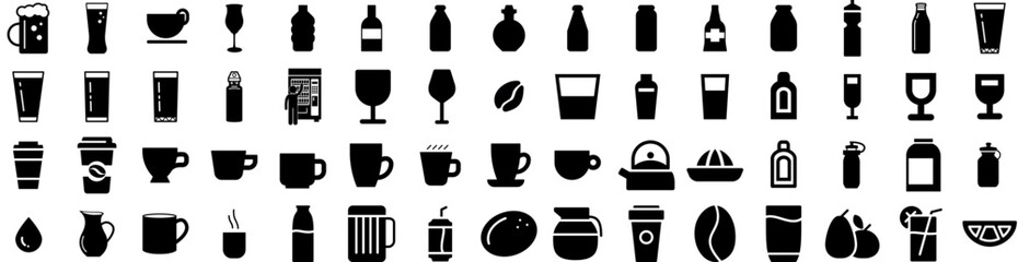 Set Of Drink Icons Isolated Silhouette Solid Icon With Beverage, Drink, Glass, Lifestyle, Woman, Girl, Young Infographic Simple Vector Illustration Logo