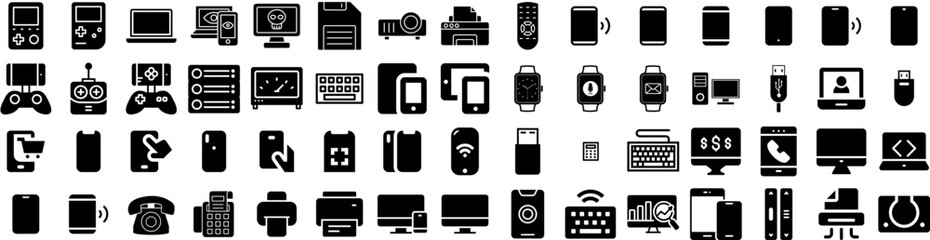 Set Of Device Icons Isolated Silhouette Solid Icon With Digital, Mobile, Tablet, Computer, Technology, Phone, Screen Infographic Simple Vector Illustration Logo