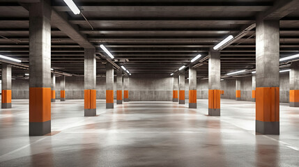 Empty shopping mall underground parking lot or garage interior with concrete stripe painted columns  created by generative AI - obrazy, fototapety, plakaty