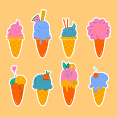 A set stickers of hand-drawn ice cream. Hand drawn flat design