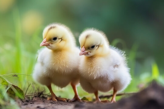 Pair of Cute Babies Chicken on nature background