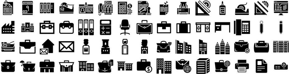 Set Of Office Icons Isolated Silhouette Solid Icon With Desk, Work, Modern, Office, Computer, Business, Table Infographic Simple Vector Illustration Logo