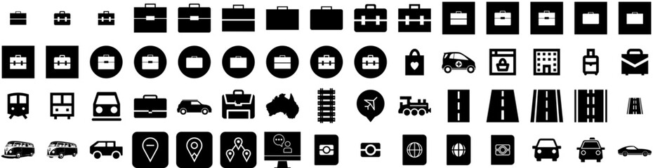 Fototapeta na wymiar Set Of Travel Icons Isolated Silhouette Solid Icon With Trip, Airplane, Vacation, Holiday, Travel, Journey, Tourism Infographic Simple Vector Illustration Logo