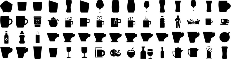 Set Of Drink Icons Isolated Silhouette Solid Icon With Young, Girl, Drink, Glass, Beverage, Lifestyle, Woman Infographic Simple Vector Illustration Logo