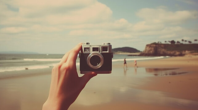 Beautiful female on vacation taking picture of beautiful beach with camera. Generative Ai