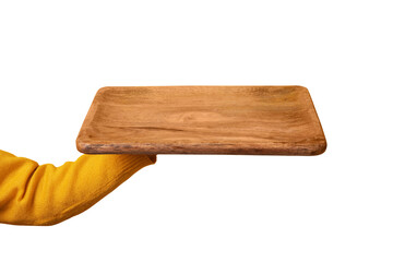 wooden kitchen tray in hand isolated on transparent background