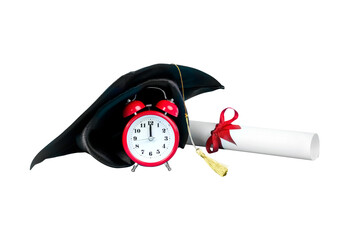 graduation cap on red clock near diploma, image isolated on transparent background, concept...