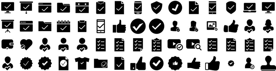 Set Of Approve Icons Isolated Silhouette Solid Icon With Approve, Symbol, Sign, Business, Approval, Stamp, Seal Infographic Simple Vector Illustration Logo