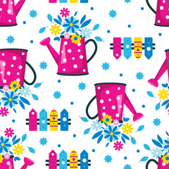 Vector seamless pattern with watering cans, flowers and a fence on a white background. Floral summer background. Great for wallpaper design, clothing, textile printing, wrapping paper and more