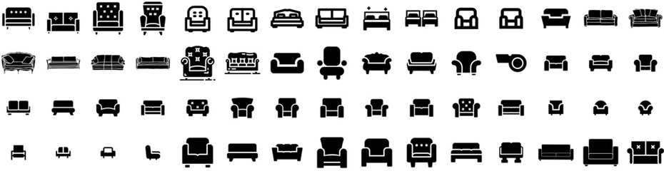 Set Of Couch Icons Isolated Silhouette Solid Icon With Room, Modern, Furniture, Home, Cozy, Couch, Sofa Infographic Simple Vector Illustration Logo