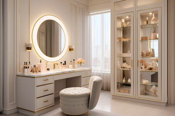 A glamorous dressing room with a makeup station, custom storage, and a mirror - Generative A - obrazy, fototapety, plakaty