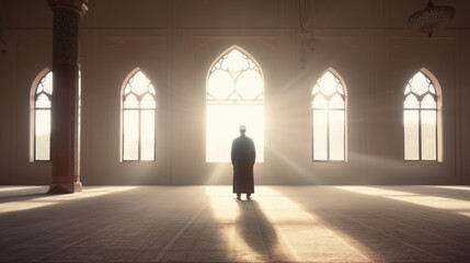 Religious muslim man praying inside the mosque. Generative Ai