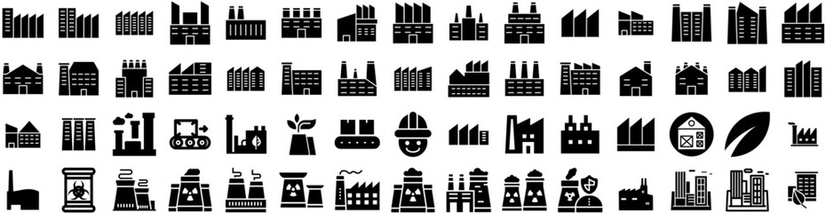 Set Of Factory Icons Isolated Silhouette Solid Icon With Factory, Industry, Production, Technology, Manufacturing, Plant, Industrial Infographic Simple Vector Illustration Logo