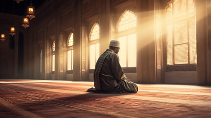 Religious muslim man praying inside the mosque. Generative Ai