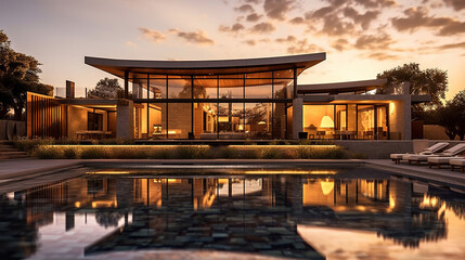 Fototapeta premium Beautiful Luxury Home with Swimming Pool at Sunset. Generative Ai