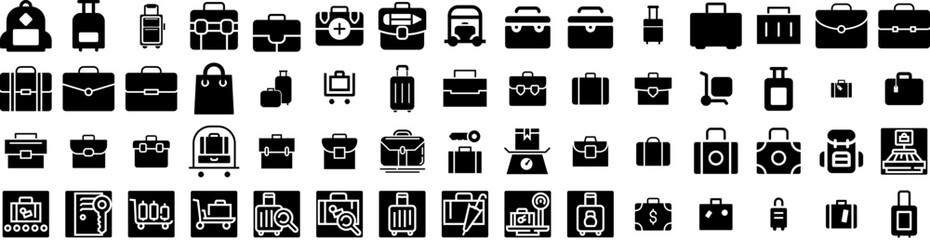 Set Of Luggage Icons Isolated Silhouette Solid Icon With Tourism, Journey, Baggage, Vacation, Travel, Luggage, Bag Infographic Simple Vector Illustration Logo