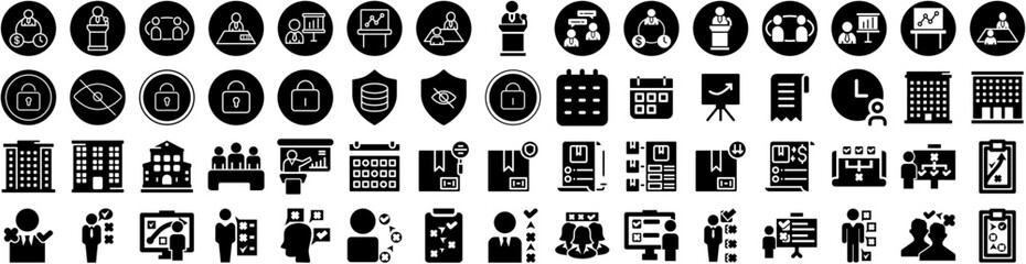 Set Of Meeting Icons Isolated Silhouette Solid Icon With Group, People, Meeting, Office, Discussion, Business, Corporate Infographic Simple Vector Illustration Logo