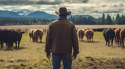A man on a farm near a herd of cows. Generative Ai
