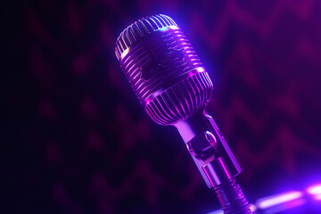 Fototapeta na wymiar Microphone illuminated by neon violet light, 3d illustration