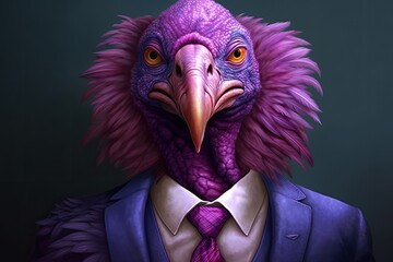 Colorful caricature of a vulture dressed in a purple suit and tie, allegory to a businessman. Generative AI