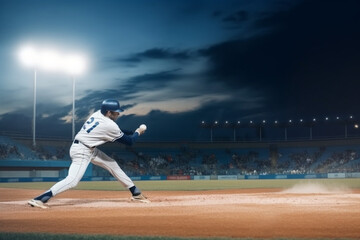 Fototapeta na wymiar Powerful serve unrecognizable Professional baseball player in motion action during match at stadium over blue evening sky with spotlights, Concept of movement and action sport lifestyle