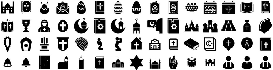 Set Of Religion Icons Isolated Silhouette Solid Icon With Church, Faith, Christian, Catholic, Religious, Religion, Christianity Infographic Simple Vector Illustration Logo