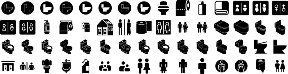 Set Of Restroom Icons Isolated Silhouette Solid Icon With Public, Bathroom, Male, Room, Restroom, Toilet, Wc Infographic Simple Vector Illustration Logo