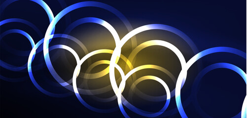 Neon laser lines, circles waves abstract background. Neon light or laser show, electric impulse, power lines, techno quantum energy impulse, magic glowing dynamic lines
