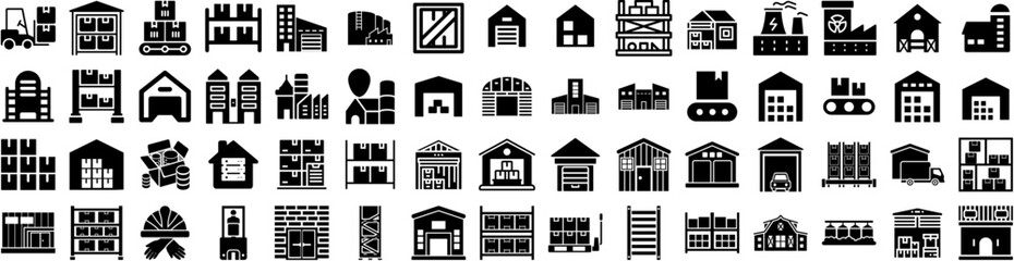 Set Of Warehouse Icons Isolated Silhouette Solid Icon With Industry, Industrial, Box, Distribution, Storage, Warehouse, Goods Infographic Simple Vector Illustration Logo