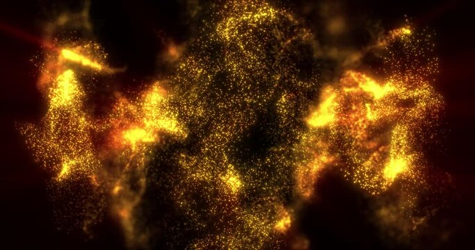 Abstract background with bright moving particles of dust, smoke and dots in orange, waves animation. Seamless loop 4k video. Screensaver video
