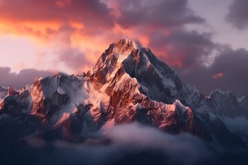 Fototapeta na wymiar A snow-capped mountain range at sunrise - Generative AI