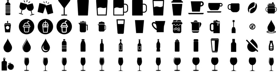 Set Of Drink Icons Isolated Silhouette Solid Icon With Glass, Drink, Girl, Young, Woman, Lifestyle, Beverage Infographic Simple Vector Illustration Logo