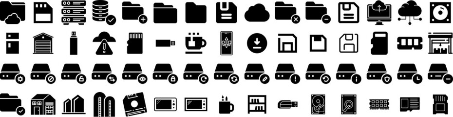 Set Of Storage Icons Isolated Silhouette Solid Icon With Industrial, System, Technology, Container, Unit, Storage, Business Infographic Simple Vector Illustration Logo