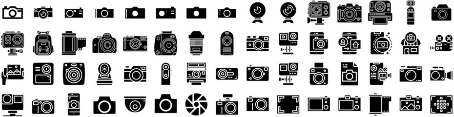 Set Of Camera Icons Isolated Silhouette Solid Icon With Photography, Photo, Camera, Digital, Equipment, Lens, Illustration Infographic Simple Vector Illustration Logo