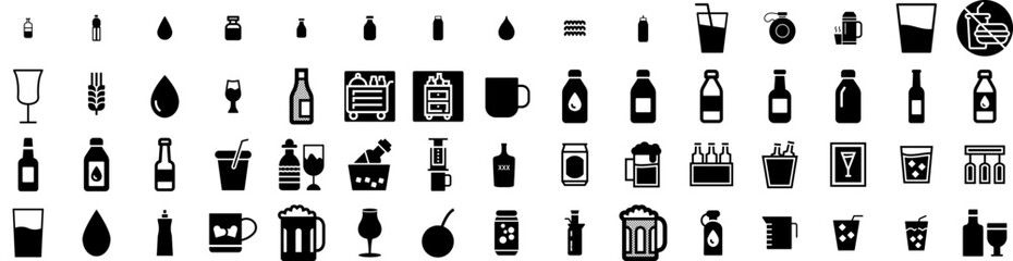 Set Of Drink Icons Isolated Silhouette Solid Icon With Girl, Beverage, Drink, Lifestyle, Glass, Woman, Young Infographic Simple Vector Illustration Logo